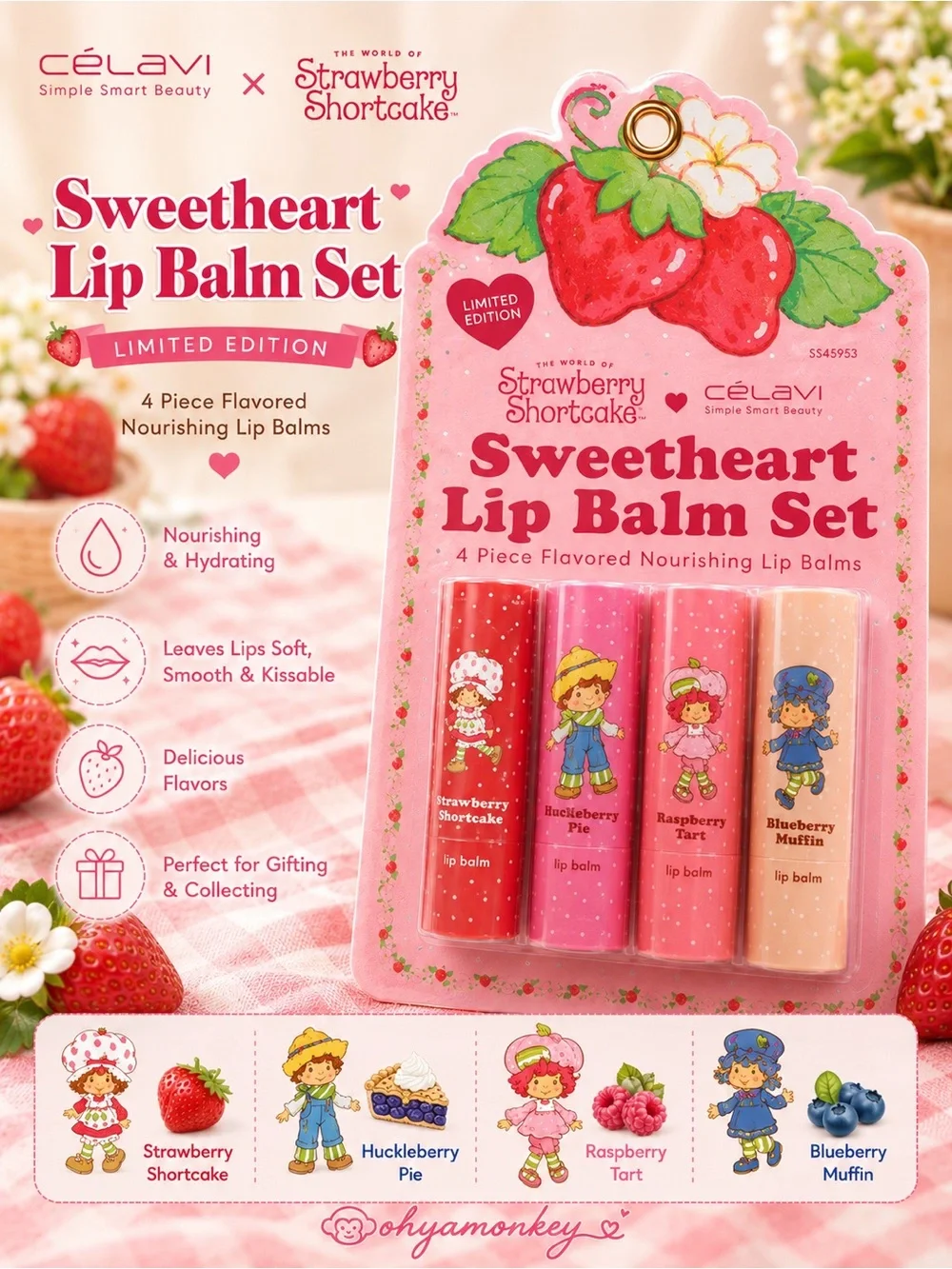 Célavi x Strawberry Shortcake Sweetheart Lip Balm Set 4 Lip Balms